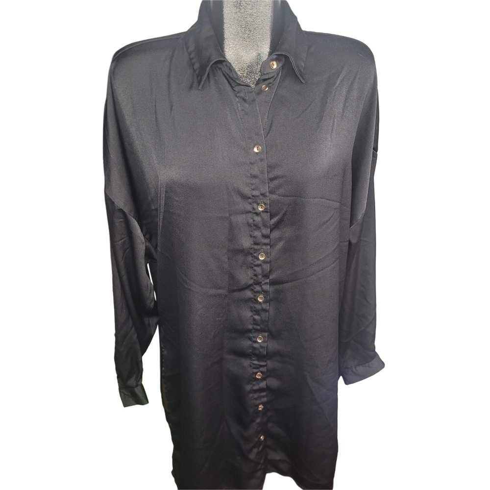 Devoted Black Button-Up Side Split High Low Long Casual Shirt L